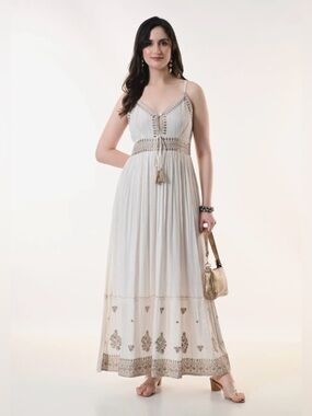 26416 Elegant Ivory Boho Embroidered Maxi Dress